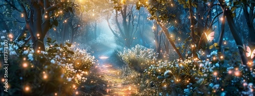 A mystical, enchanted forest path background with glowing plants and magical light.