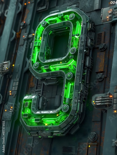 A bold number "9" , tech noir style, with bright green neon tubes and metal details, 3D rendering, isolated from background