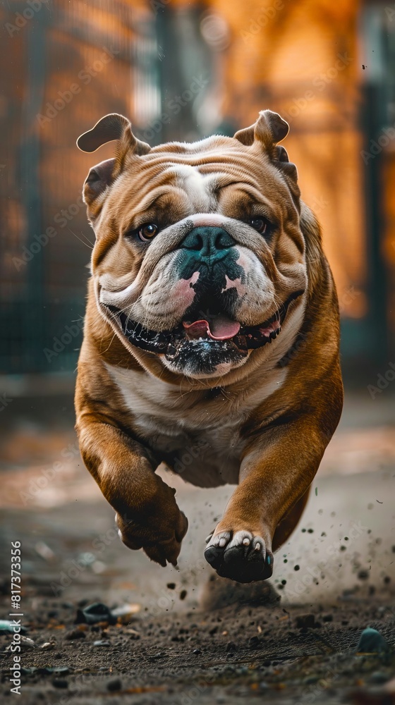 A bulldog running through the dirt. A bulldog running through the dirt.
