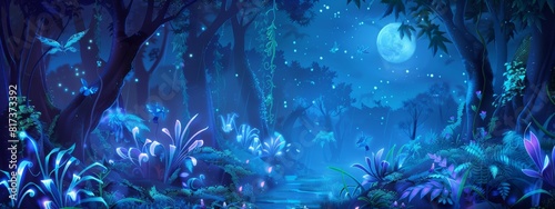 A mystical  moonlit forest background with glowing plants and magical creatures