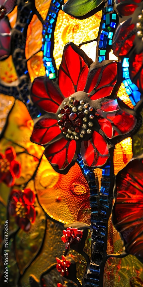 A stained glass window with flowers. A stained glass window with flowers.