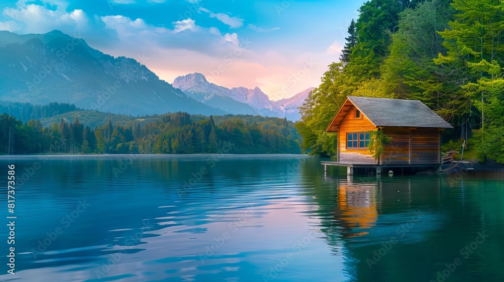 Fototapeta premium A small cabin sits on the shore of a lake.