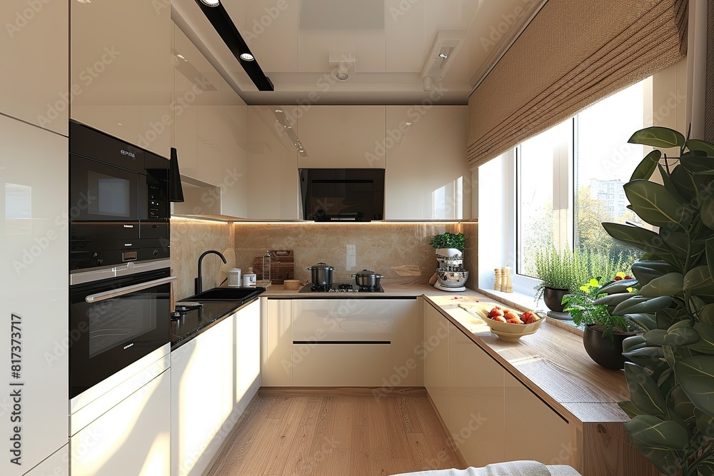 Fototapeta premium Small, compact modern kitchen for an apartment or flat in black white and beige.