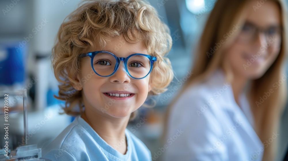 Cute little boy picking up glasses in ophthalmologist's office Cute little boy picking up glasses in ophthalmologist's office