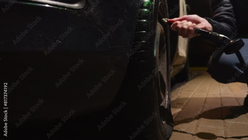 A man checks car flat tire pressure and pumps it up at night at a gas station