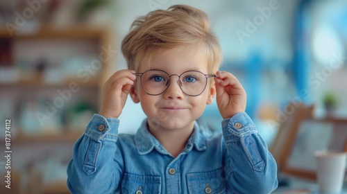 Cute little boy picking up glasses in ophthalmologist's office