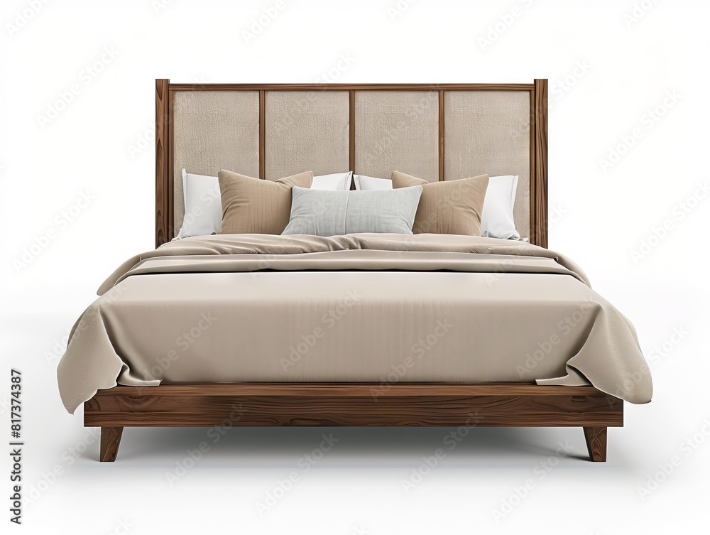 A bed with a wooden frame and beige pillows. A bed with a wooden frame and beige pillows.
