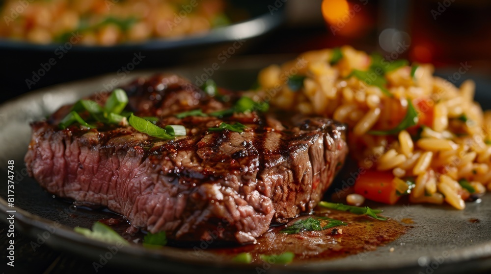 Close up of a juicy grilled steak with rice and vegetables for a delicious and appetizing meal