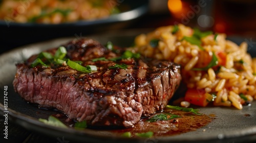 Close up of a juicy grilled steak with rice and vegetables for a delicious and appetizing meal photo