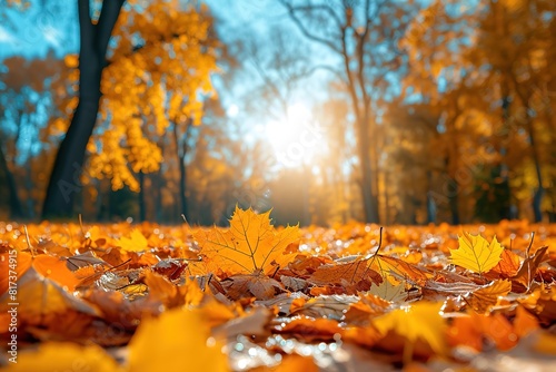 A carpet of beautiful yellow and orange fallen leaves against a blurred natural park and blue sky on a bright sunny day