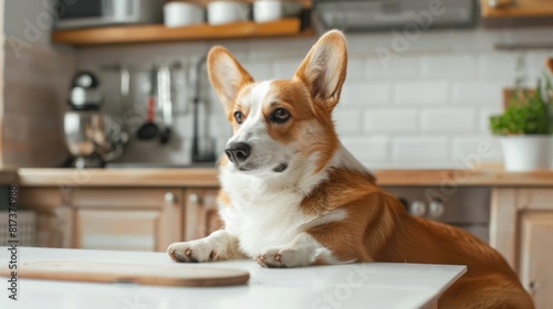 Dog Corgi gets up on white table and looks towards the kitchen area's copy space. realistic