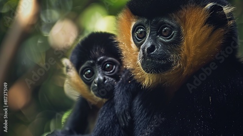 close up image of forest Monkey mother with child in forest © kartolo