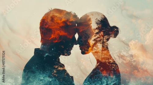 Double exposure of loving couple side view highlighting intimate bond Digital tone, Splitcomplementary color scheme realistic