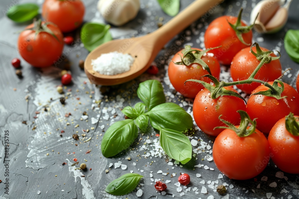 Fresh Tomatoes, Basil and Garlic on Wooden Table Fresh Tomatoes, Basil and Garlic on Wooden Table