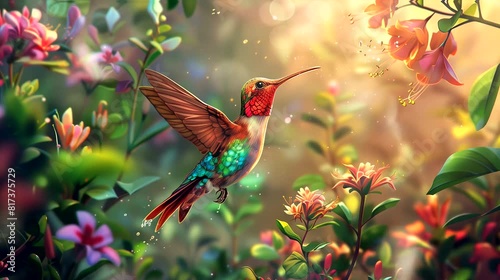 Hummingbird amongs vibrant flower. Anime or digital painting style, looping 4k video animation background photo