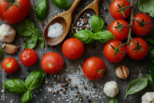 Fresh Tomatoes  Basil and Garlic on Wooden Table