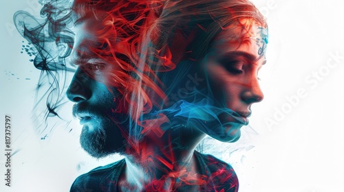 Double exposure of resentful man and woman top view showcasing conflicting emotions Cybernetic tone, Triadic Color Scheme realistic photo