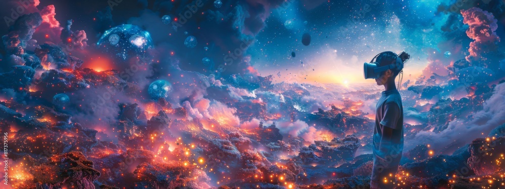 A person immersed in a virtual reality environment, surrounded by fantastical elements and digital landscapes. A person immersed in a virtual reality environment, surrounded by fantastical elements and digital landscapes.