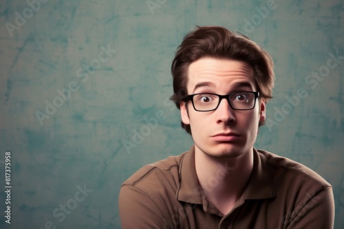 Nerd challenges logic, beside empty chalkboard copyspace Young man with glasses in front of a wiped chalkboard. Ample copyspace available. His nerdy expression conveys skepticism towards imprecise photo
