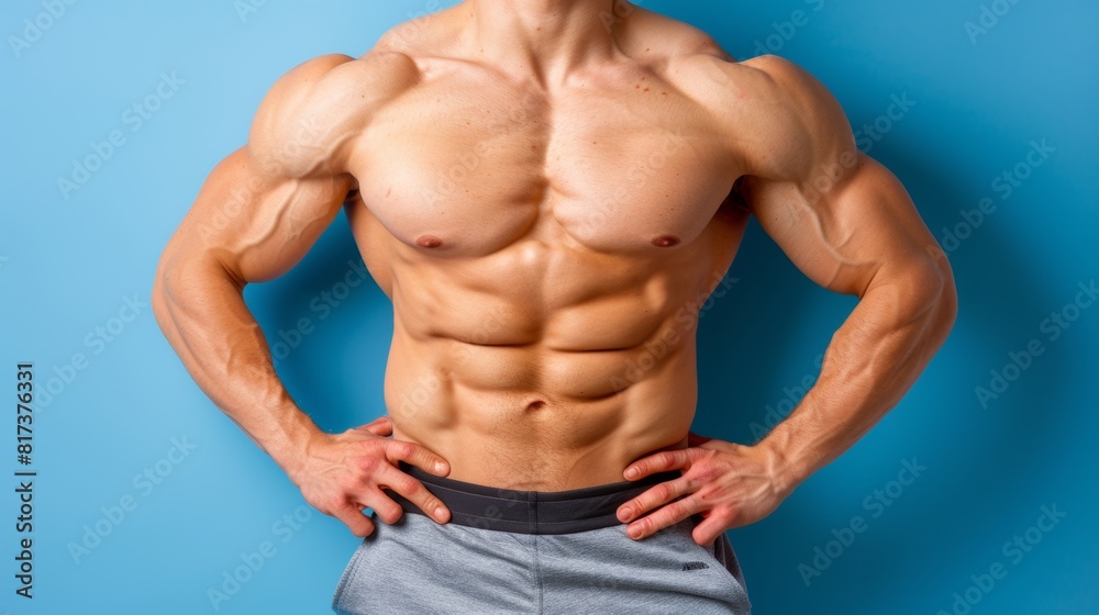Muscular bodybuilder displaying defined abs on soft pastel background with space for text Muscular bodybuilder displaying defined abs on soft pastel background with space for text