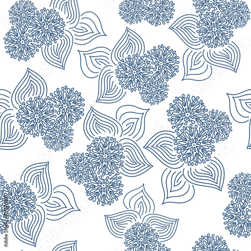 Vector. Hand drawn floral seamless pattern with flowers and leaves. Botanical print can be used for surface textures, wallpaper, pattern fills, web page background, wrapping for gifting, textile.