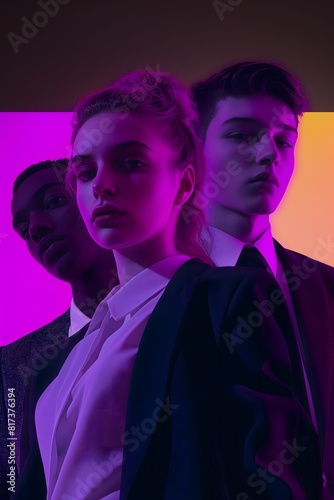 a recruitment ad for a finance company, young people in suits looking down the camera, angle tilt, in the style of a fashion magazine, purple to black gradient in the background, stylis photo