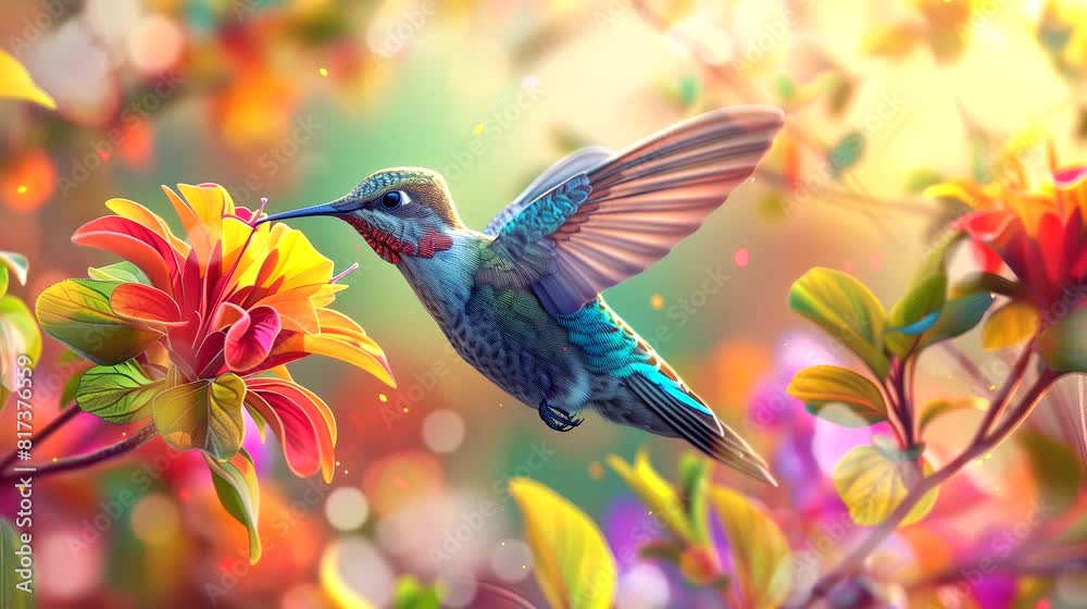 Hummingbird amongs vibrant flower. Anime or digital painting style, looping 4k video animation background Hummingbird amongs vibrant flower. Anime or digital painting style, looping 4k video animation background
