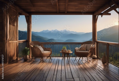 view 3d string furniture decorated floor wood fabric render balcony rattan mountain old Wooden Decorated walls