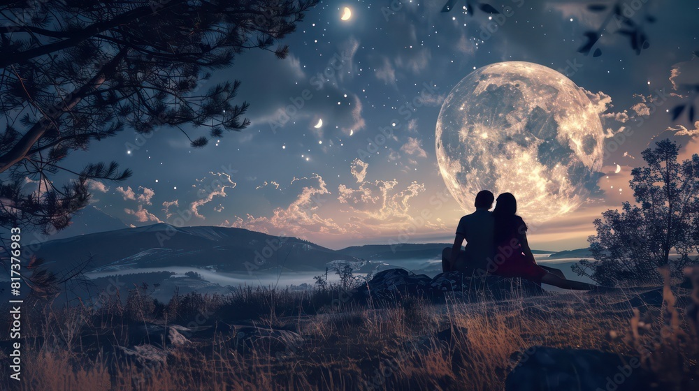 Couple enjoys a peaceful moment under a giant moonlit sky