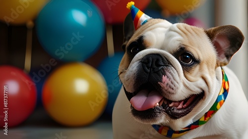 A mischievous bulldog donning a festive birthday hat, eagerly tooting on a colorful horn while wagging its tail in excitement. photo