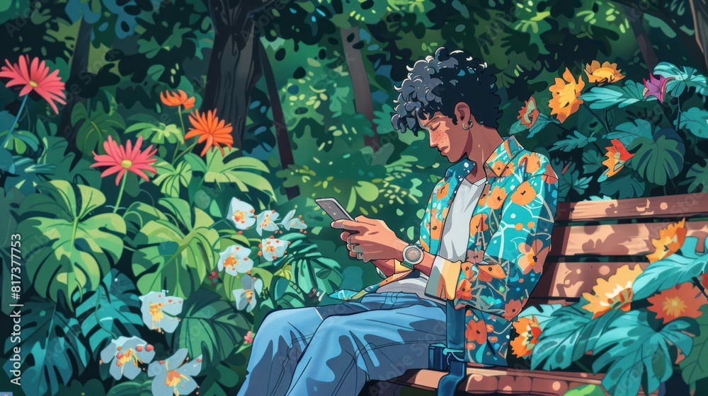 Holding and looking at a smartphone while sitting on a flower garden, surrounded by vibrant greenery and flowers. Holding and looking at a smartphone while sitting on a flower garden, surrounded by vibrant greenery and flowers.