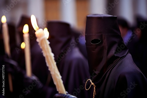 penitents of los negritos brotherhood taking part in processions during semana santa (holy week), seville, andalucia, spain photo