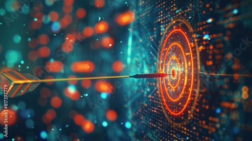 Aim arrow at a virtual target dartboard boked with Imagery AI and Automation use of artificial intelligence and automation in business background.
