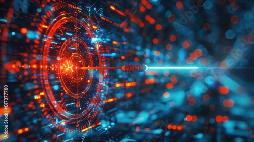 Aim arrow at a virtual target dartboard boked with Imagery AI and Automation use of artificial intelligence and automation in business background.