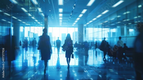 Blurred businesspeople meeting or move in modern office building conference room  photograph cinematic blue and white tone.