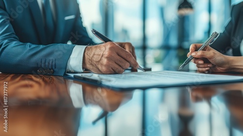 business partners signing a contract in a sleek boardroom, legal documents and pens on the table, symbolizing a formal and successful partnership.