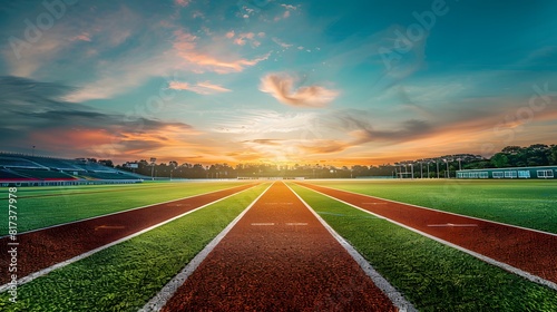 Running track race with green grass and beautiful sky background, empty runway, stadium arena for sport match.
 photo