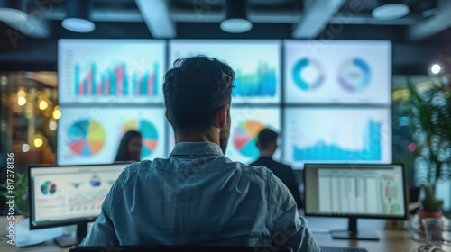 Explore financial analysts in a high-tech office, viewing real-time cryptocurrency transactions on multiple screens, highlighting blockchain's transformative impact on finance. photo