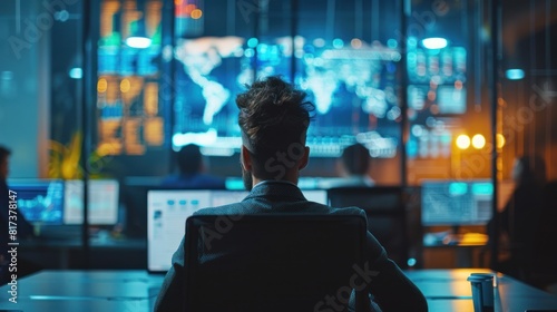 Financial analysts in a high-tech office viewing real-time cryptocurrency transactions on multiple screens, representing blockchain's impact on finance photo
