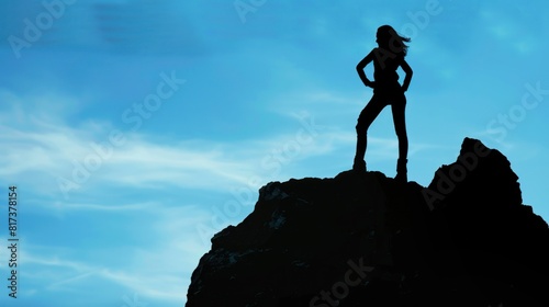 silhouette of super business woman look somewhere on the mountain