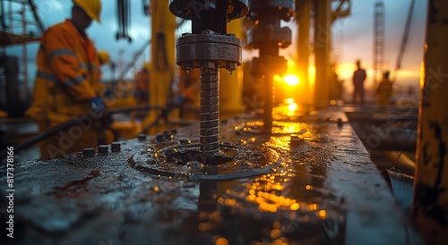 Silhouettes of oil workers working on an oil rig at sunset, wearing hard hats in front of an old black iron electric pump with other equipment behind them