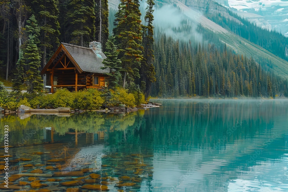 A small cabin sits on the shore of a lake. A small cabin sits on the shore of a lake.