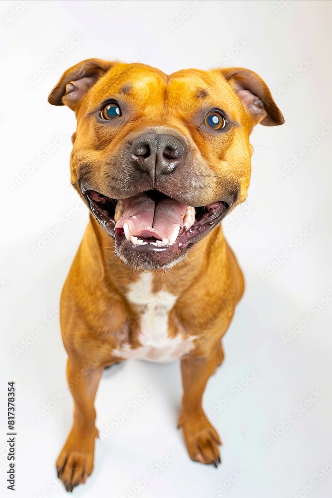 A brown dog with a white background smiling. A brown dog with a white background smiling.