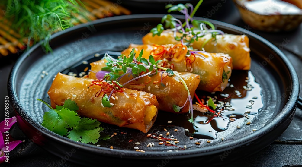 A plate of chinese food with sauce and garnish. A plate of chinese food with sauce and garnish.