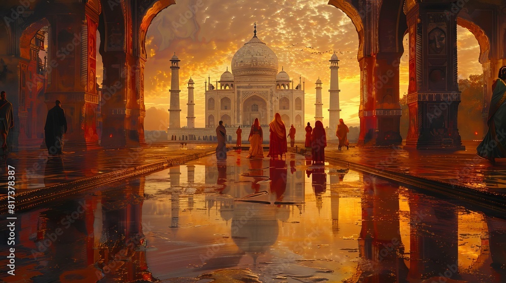 Fototapeta premium Vibrant celebration of Indian vibrancy and enlightenment at the Taj Mahal, rich colors and emotional depth