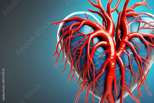 stylized human human heart with veins arteries and blood vessels on blue background medical neuro photo
