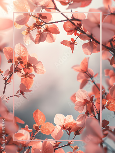 A pink flowered plant framed by branches and twigs in a natural landscape © Nadtochiy