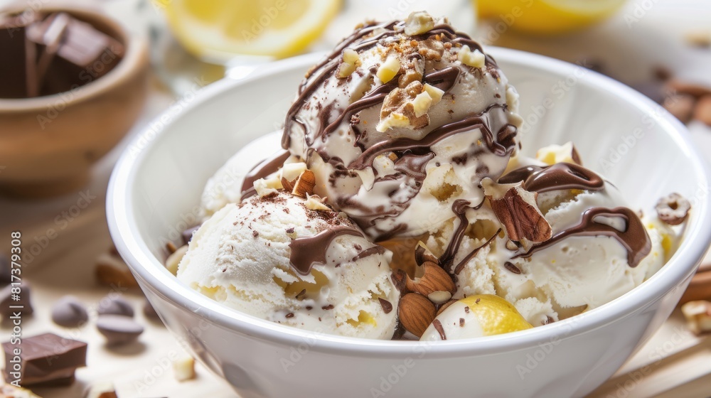 ice cream with nuts on top chocolate, lemon ice cream with nuts on top chocolate, lemon