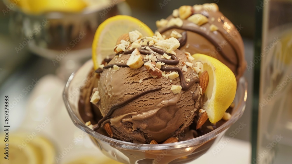 ice cream with nuts on top chocolate, lemon 