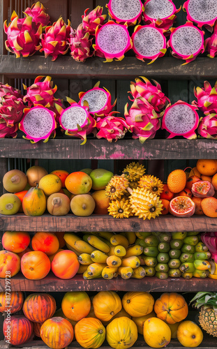 Vibrant image of a summer fruit market stall with a display of exotic fruits like dragon fruit  starfruit  and papayas against a wooden stall backdrop. 